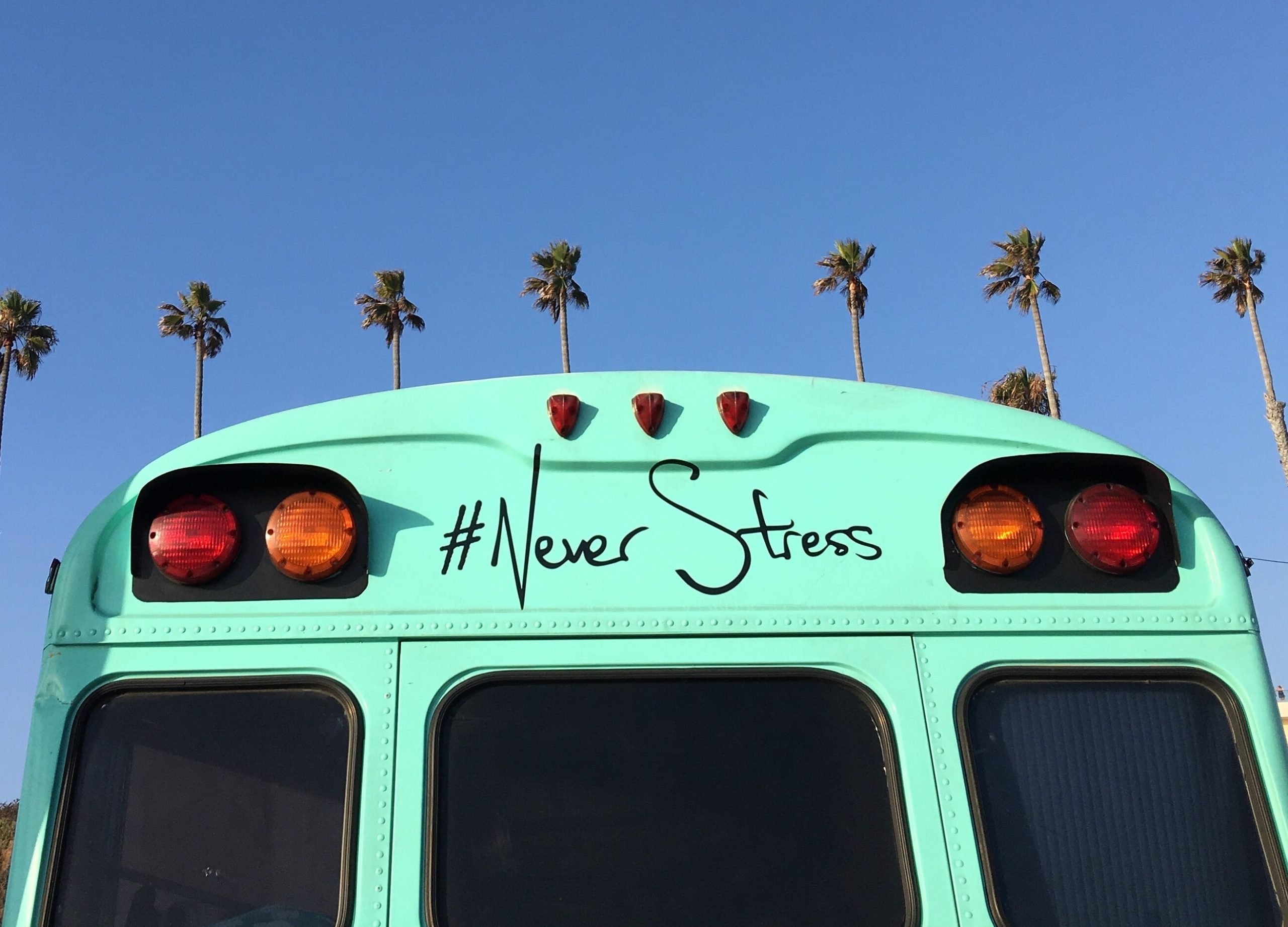 Bus with words 'never stress'